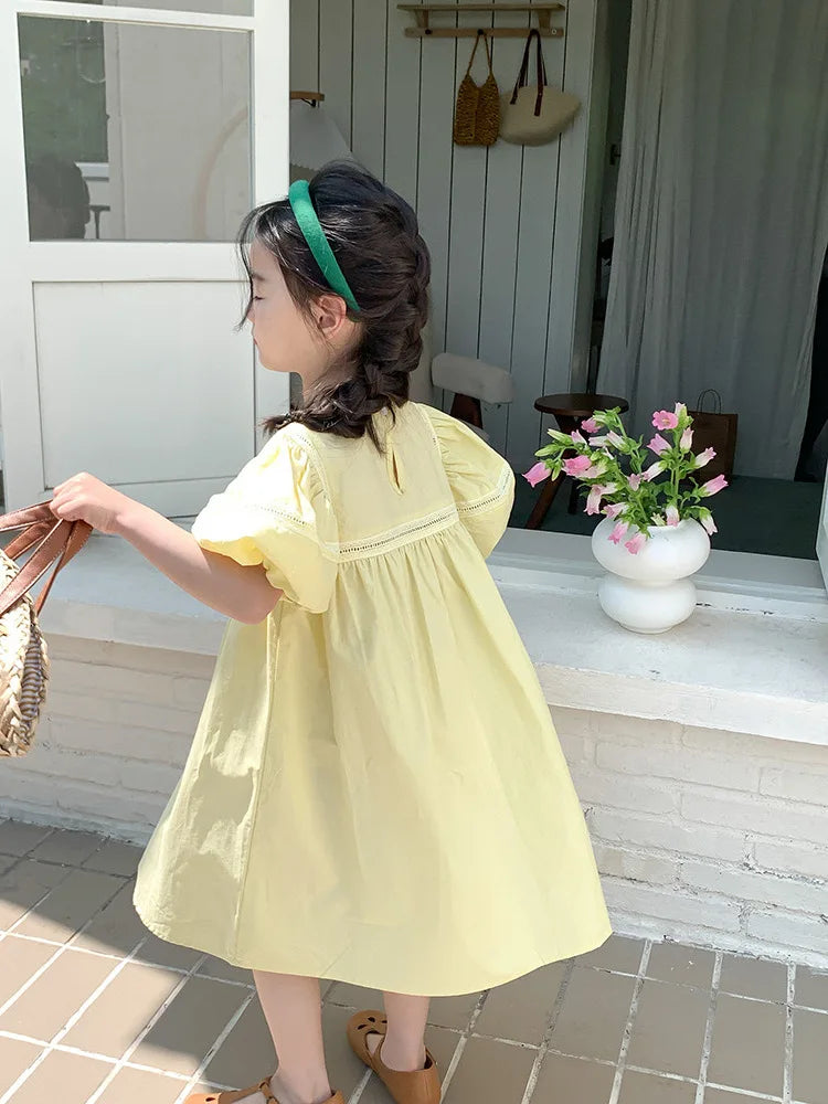 Girls Dress Holiday Style Sweet Bubble Sleeve 2-8Years Old Yellow Pink Knee-length Children's Clothing Princess Dresses