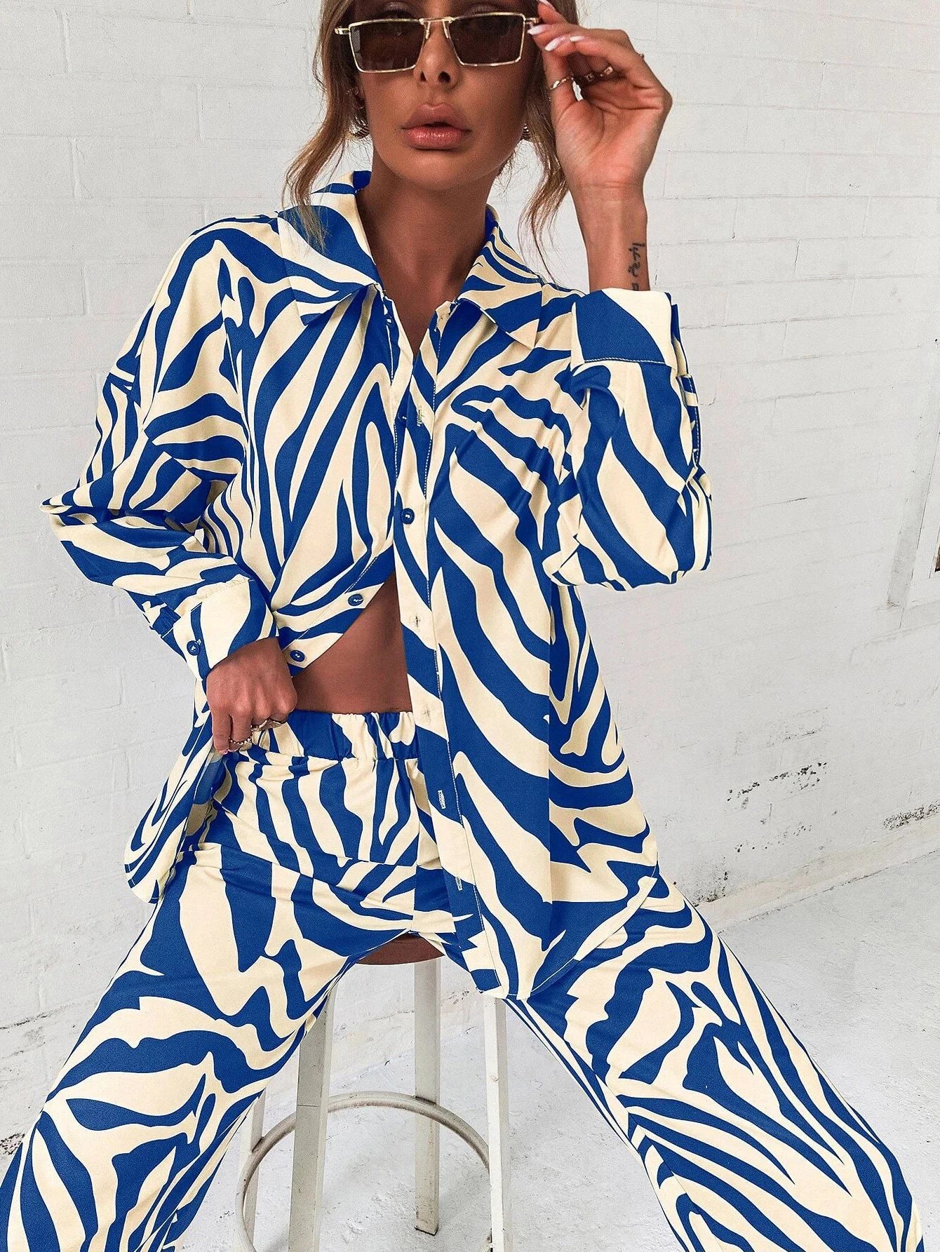 2026 Cross border Hot Edition Street Trendy Print Trouser Set Long Sleeve Full Screen Print Off Shoulder Shirt Set