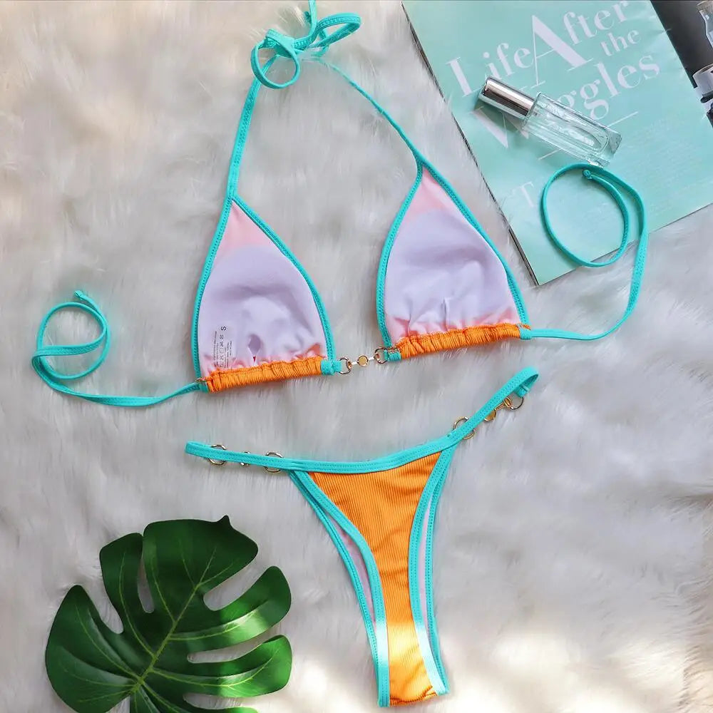 Push Up Micro Bikini Luxury Ribbed Orange Patchwork Ring Pearl Designer Swimsuit Bathing Suit Triangle Swimwear Traje De Baño