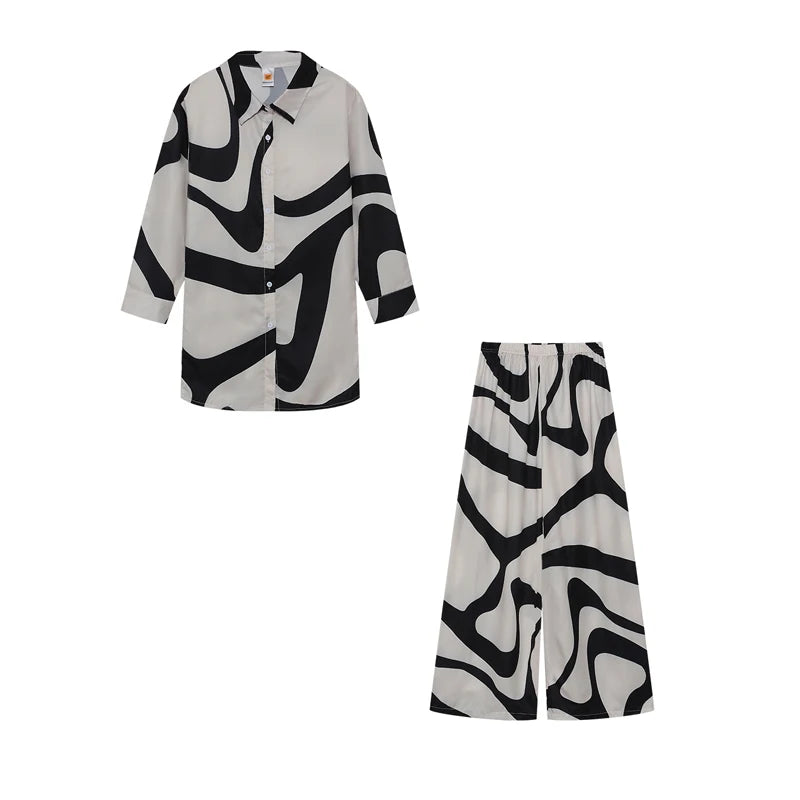 Women's Fashion Printed Long Sleeve Shirt And Straight Leg Pants Set European American Style Loose Fit Clothing Outfit