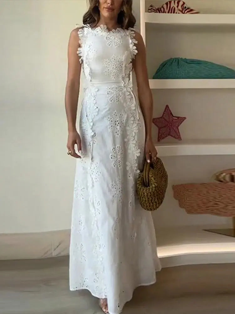 Embroidery Flower Patchwork Long Dress For Women Round Neck Sleeveless Lace Up High Waist Spliced Slim Dresses 2026 Summer New