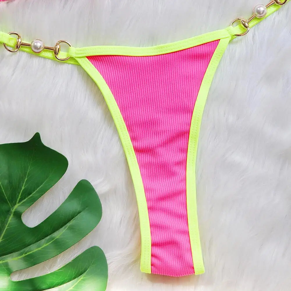 Push Up Micro Bikini Luxury Ribbed Orange Patchwork Ring Pearl Designer Swimsuit Bathing Suit Triangle Swimwear Traje De Baño