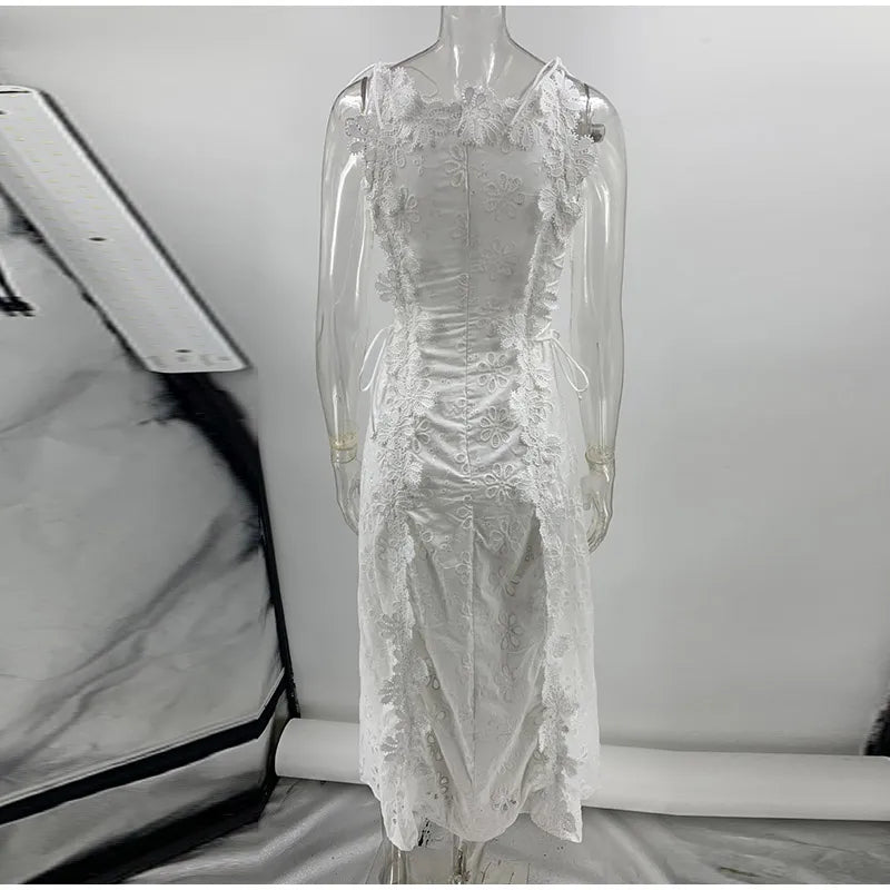 Embroidery Flower Patchwork Long Dress For Women Round Neck Sleeveless Lace Up High Waist Spliced Slim Dresses 2026 Summer New
