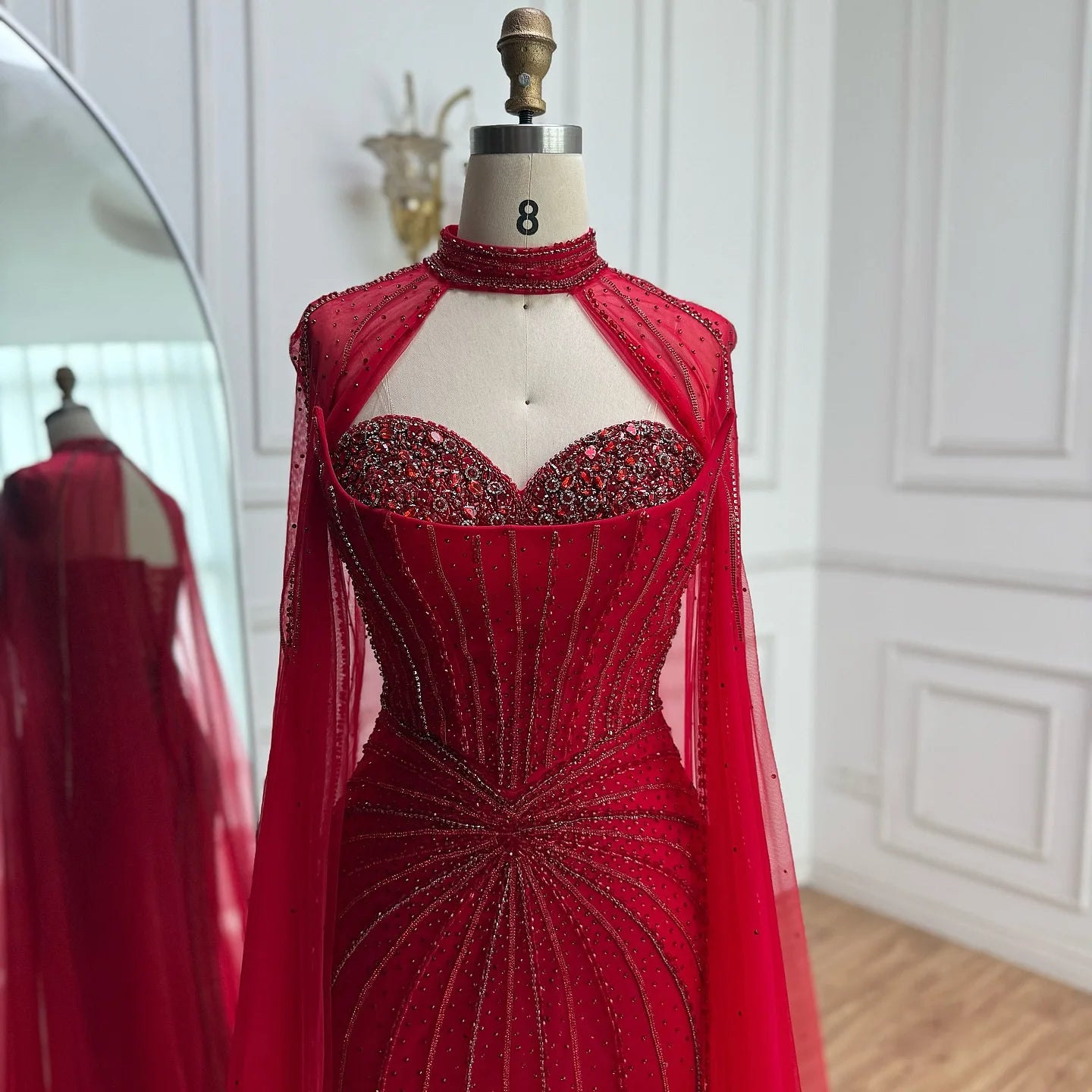 SERENE HILL Customized Arabic Red Luxury Beaded Mermaid Evening Dress 2026 Strapless With Cape Women Party Gown CLA72811A