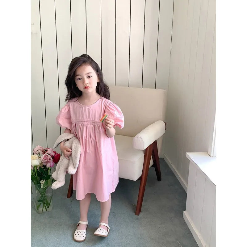 Kids Babys Girls Dress Summer New Vacation Bubble Short Sleeve Little Girls Dress French Solid Thin Belle Girls Princess Dresses