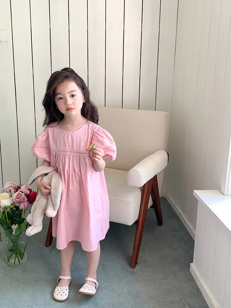 Girls Dress Holiday Style Sweet Bubble Sleeve 2-8Years Old Yellow Pink Knee-length Children's Clothing Princess Dresses