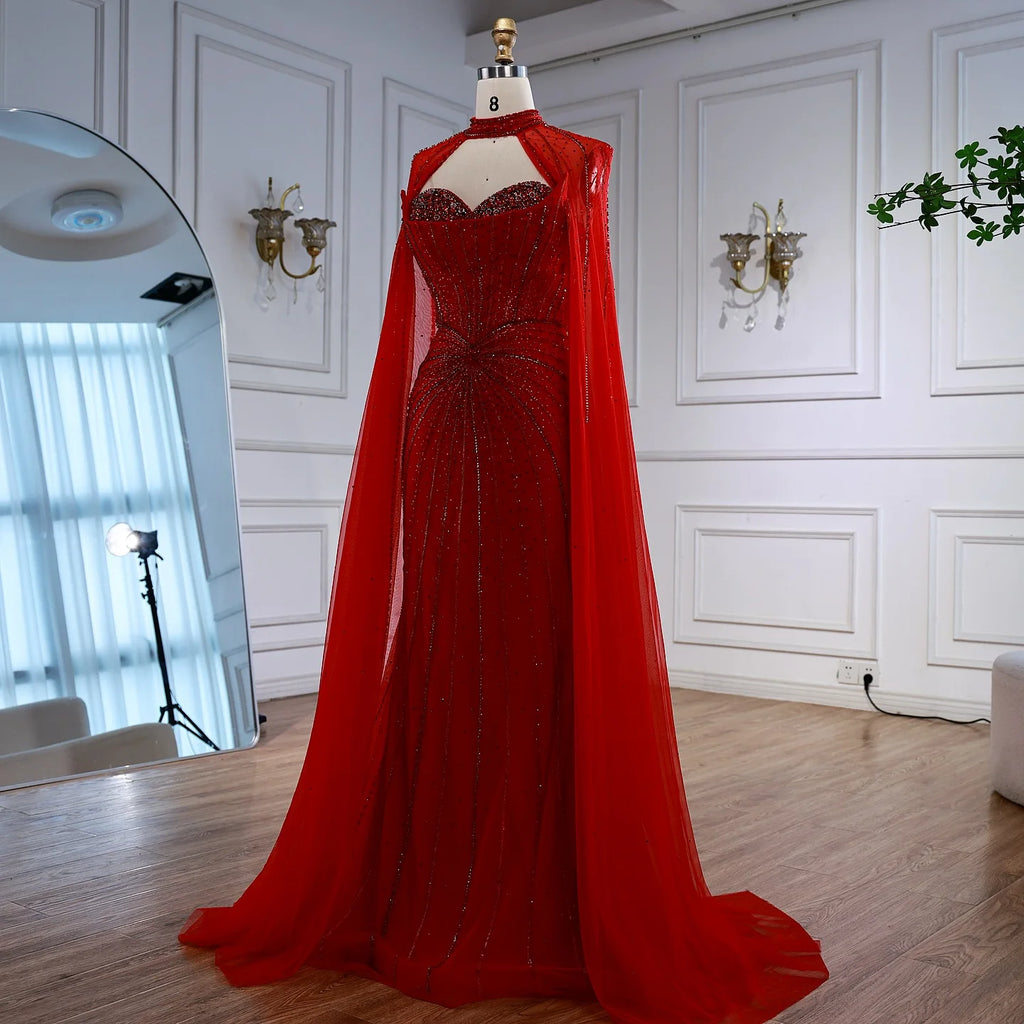 SERENE HILL Customized Arabic Red Luxury Beaded Mermaid Evening Dress 2026 Strapless With Cape Women Party Gown CLA72811A