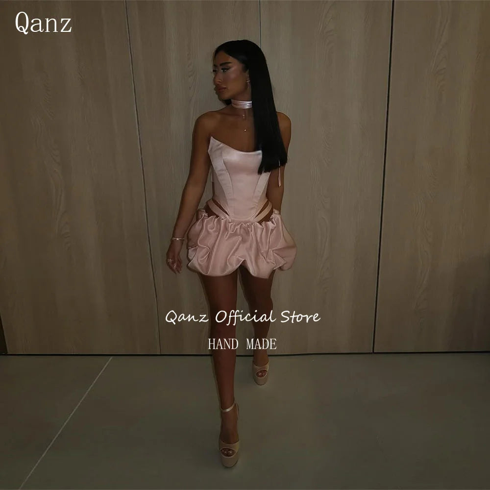 Qanz Sexy Mini Dress Party Night Club Pink Satin Strapless Prom Dresses Corset Back Vestido De Gala Noche Mujer Customized