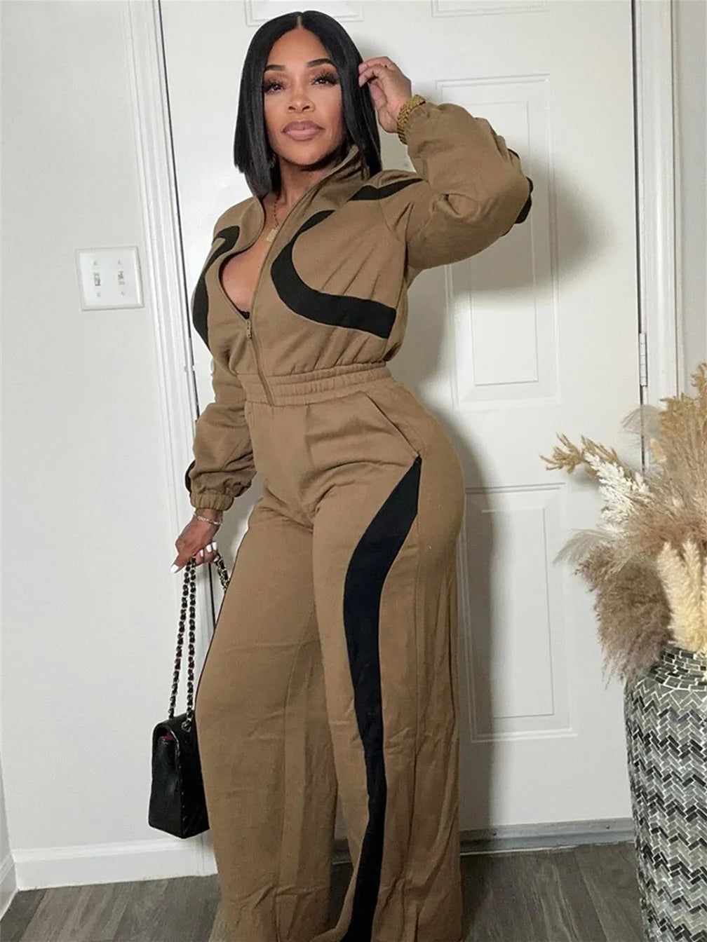 Weird Puss Sporty Patchwork Jumpsuit Women Casual Lapel Spring Ternd Full Sleeve Zip Stretch Hipster Streetwear Straight Overall