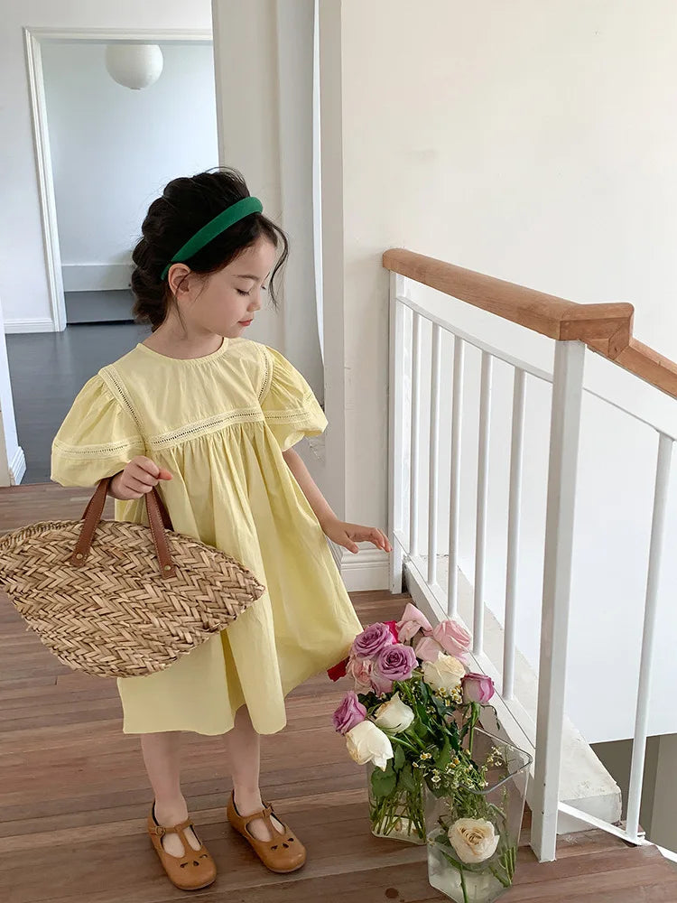 Girls Dress Holiday Style Sweet Bubble Sleeve 2-8Years Old Yellow Pink Knee-length Children's Clothing Princess Dresses