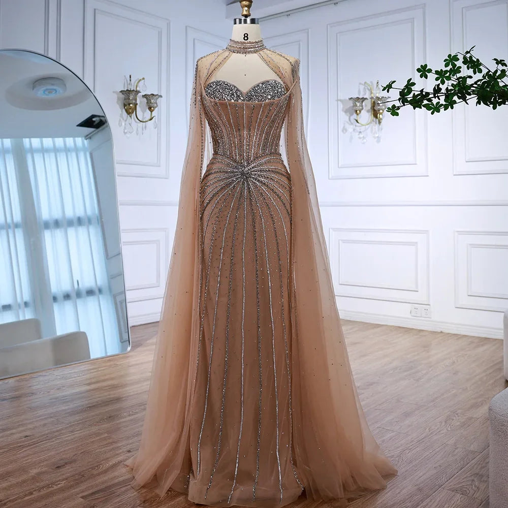 SERENE HILL Customized Arabic Red Luxury Beaded Mermaid Evening Dress 2026 Strapless With Cape Women Party Gown CLA72811A