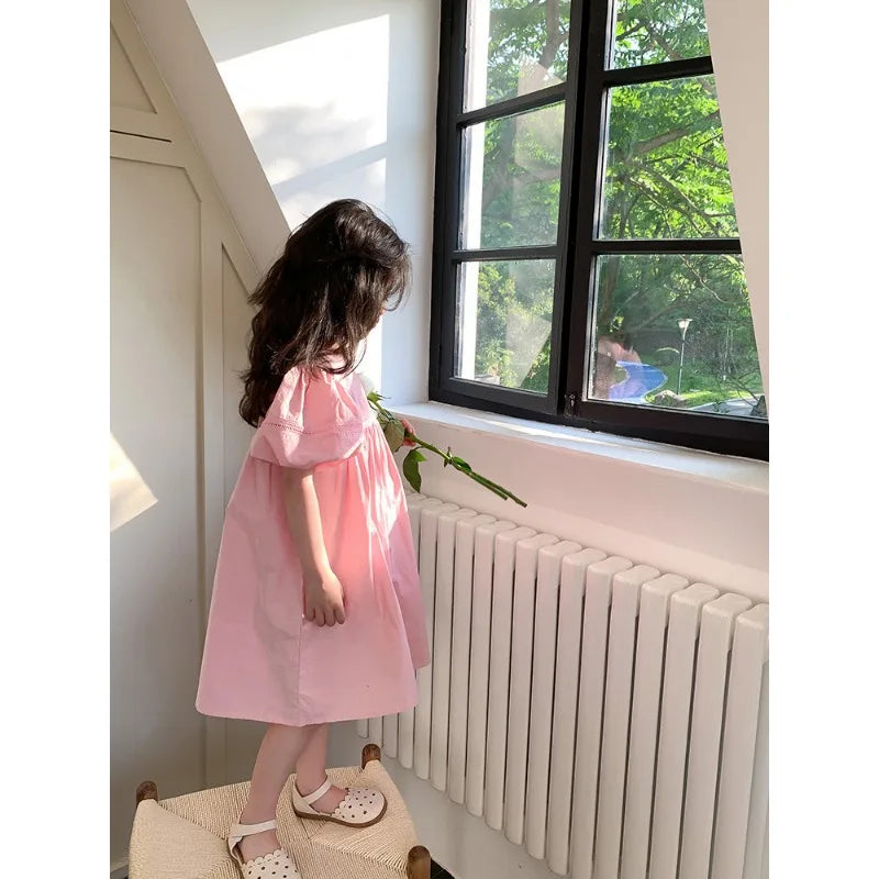 Kids Babys Girls Dress Summer New Vacation Bubble Short Sleeve Little Girls Dress French Solid Thin Belle Girls Princess Dresses