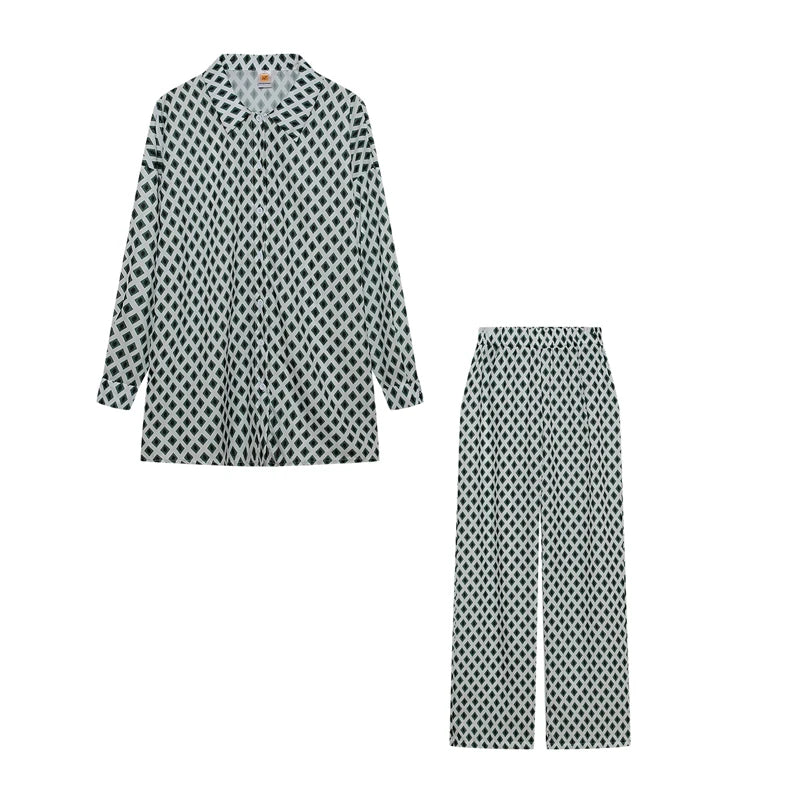 2026 Cross border Hot Edition Street Trendy Print Trouser Set Long Sleeve Full Screen Print Off Shoulder Shirt Set