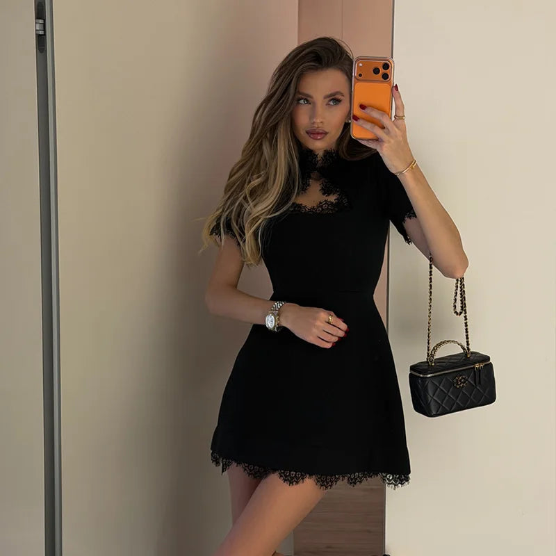 Lace Patchwork Hollow Out Bodycon Sheath High Collar Women Dresses Half Sleeves Outfits Sexy Club Fashion Female Mini Vestidos