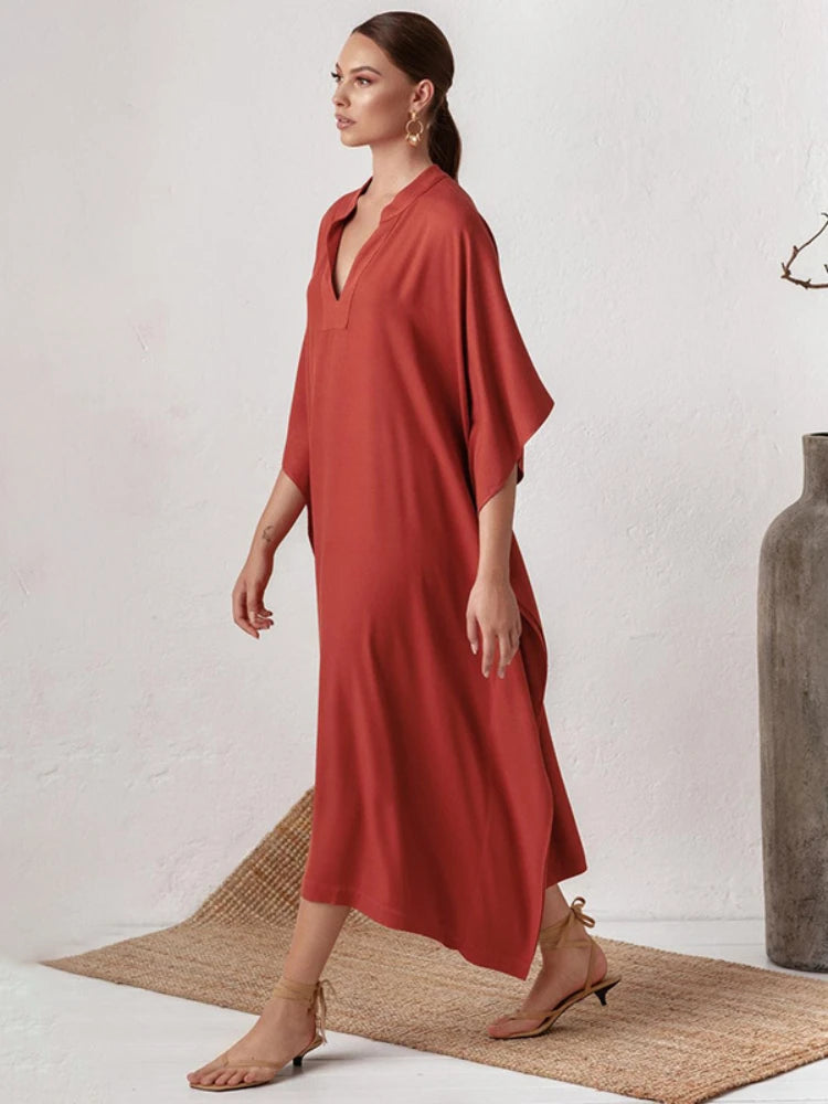 Swimsuit Cover Up Women Kaftan Beach Tunic Solid V Neck Elegant Summer Long Dress Loose Beachwear Bathing Suit Swimwear