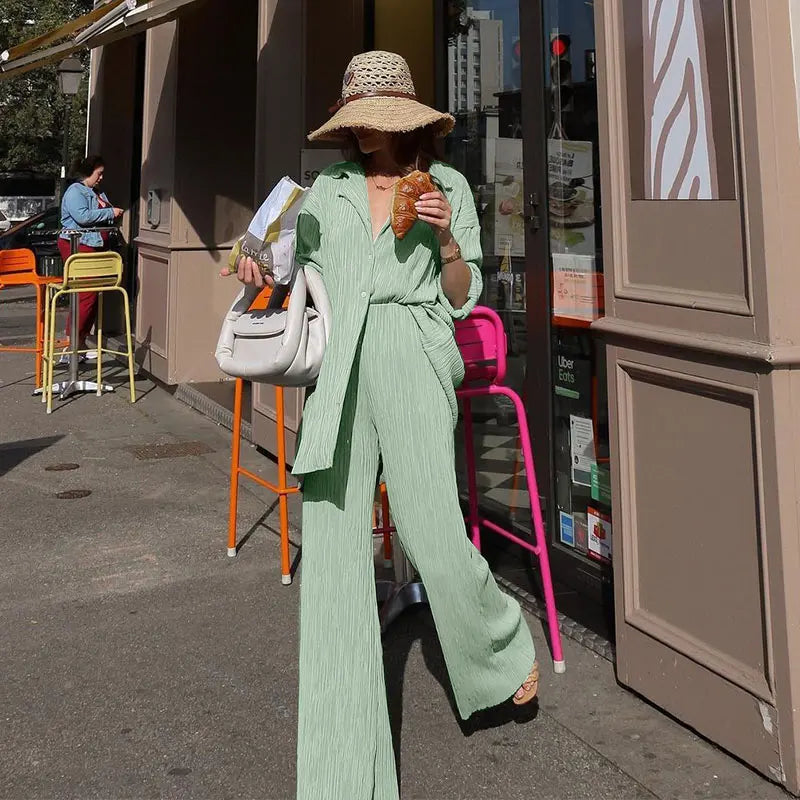 QFAF Fashion Pleated Women's Set Long Sleeve Oversized Shirt and Wide Leg Pants 2023 Elegant Tracksuit Two 2 Piece Set Outfits