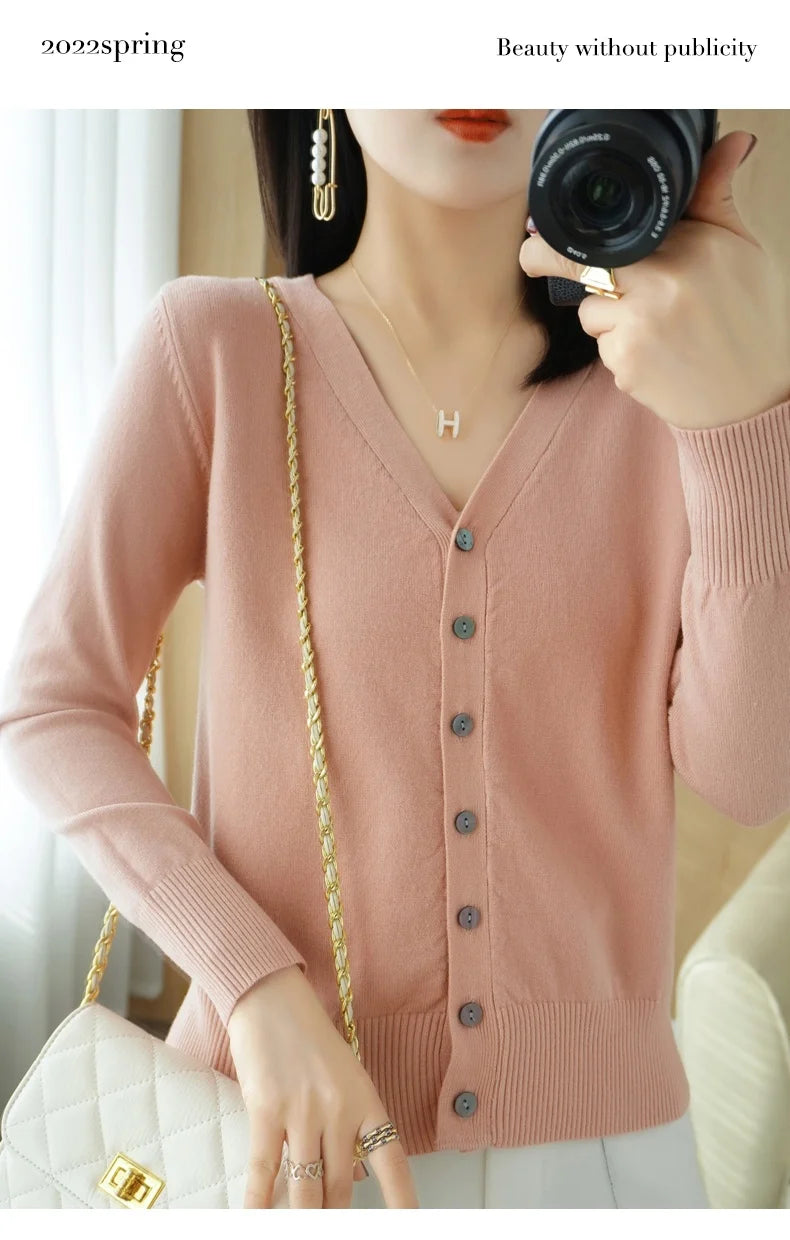 Early Autumn New Andy Cashmere Knit Cardigan V-Neck Solid Color Fashion High-Grade Comfortable Loose Casual Knitwear -GH021