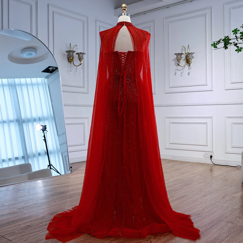 SERENE HILL Customized Arabic Red Luxury Beaded Mermaid Evening Dress 2026 Strapless With Cape Women Party Gown CLA72811A