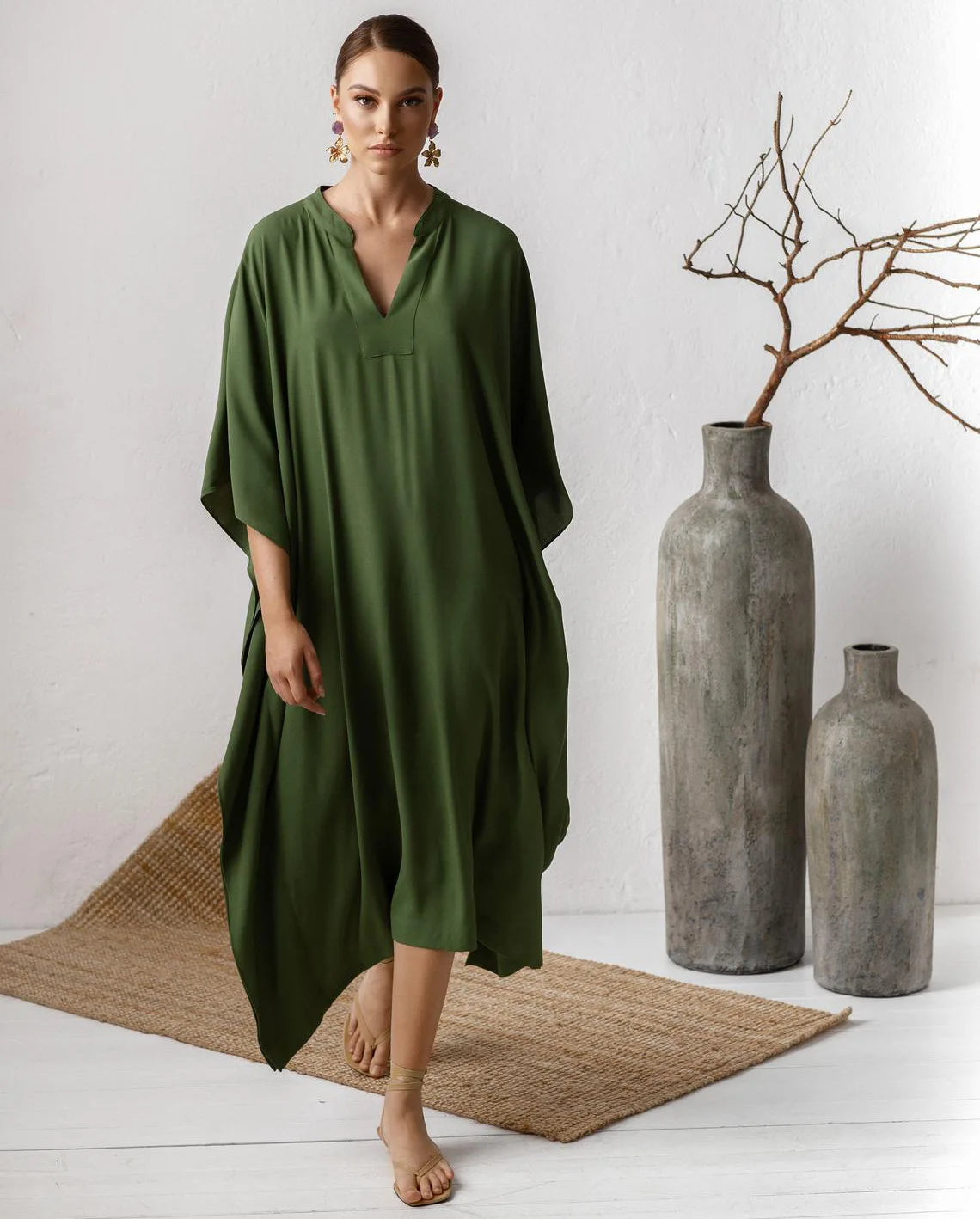 Swimsuit Cover Up Women Kaftan Beach Tunic Solid V Neck Elegant Summer Long Dress Loose Beachwear Bathing Suit Swimwear