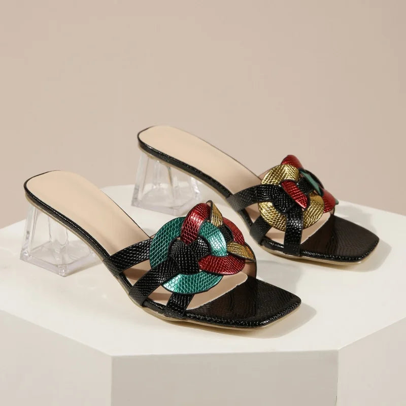 Summer Sandals for Women 2026 New Style Square Toe Mid-Heel Transparent Heel Strappy Woven Shoes