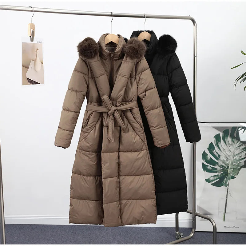 Elegant Fur Collar Hood Belt Long Cotton Jacket Women Zipper Drawstring Waist Parka Down Coat 2025 Winter Lady Warm Chic Outwear