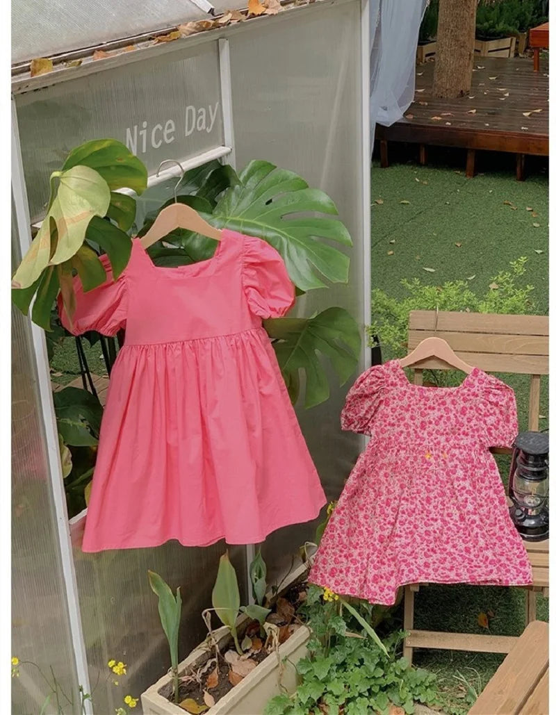 Summer Baby Girls Cotton All-Over Printed Puff Sleeves Button Back Long Dresses Kids Outfit Children Sweet Vacation Skirt 2-8 Yr
