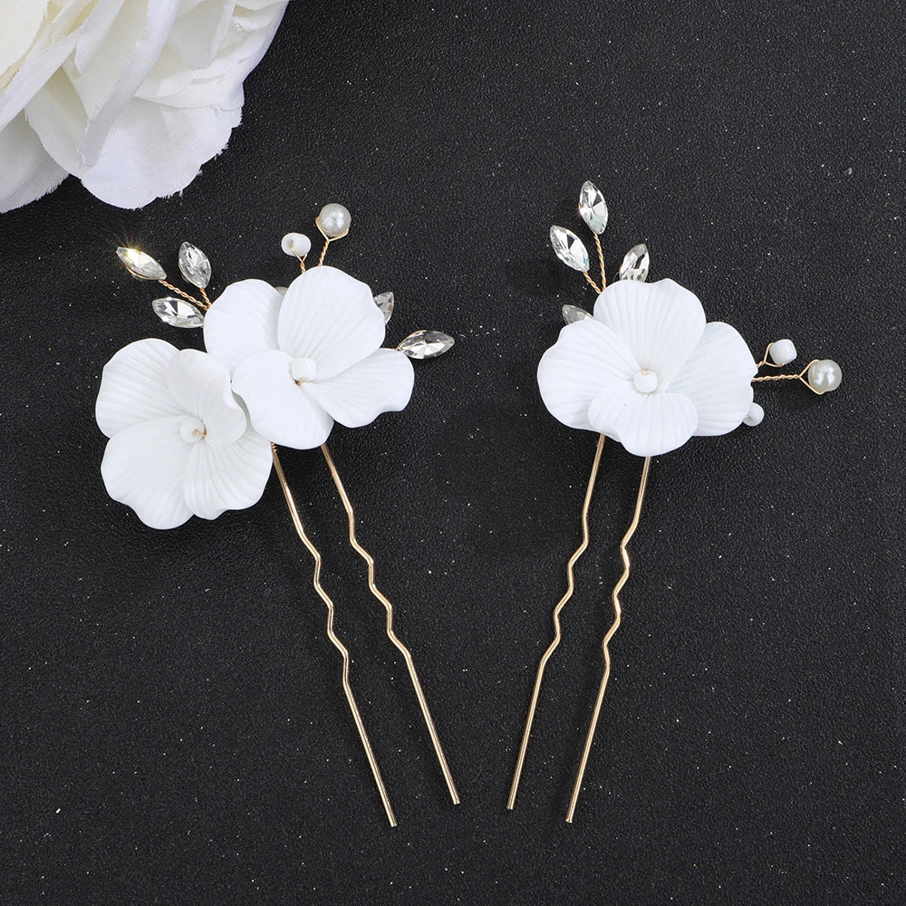 Silver Flower Bridal Headpiece Suit Pearl Hair Comb for Women Rhinestone Wedding Hairpins Party  Earring Hair Accessories Tiara