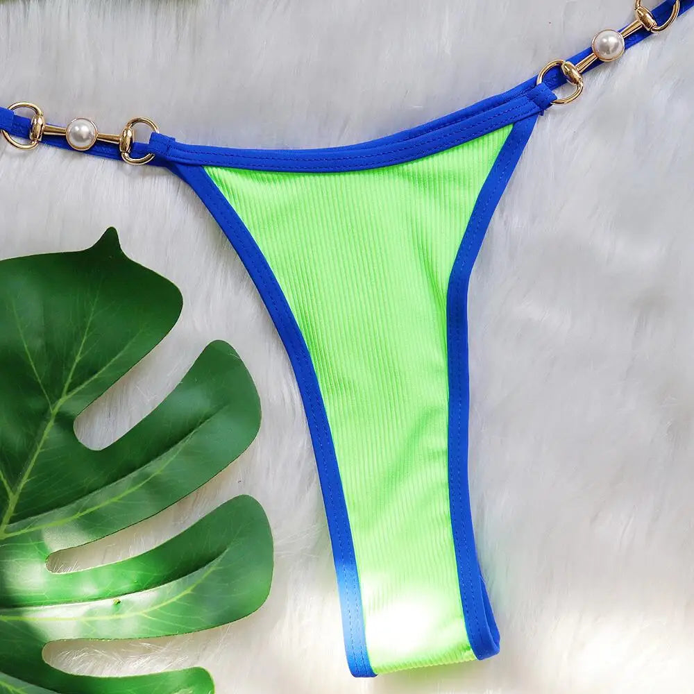 Push Up Micro Bikini Luxury Ribbed Orange Patchwork Ring Pearl Designer Swimsuit Bathing Suit Triangle Swimwear Traje De Baño