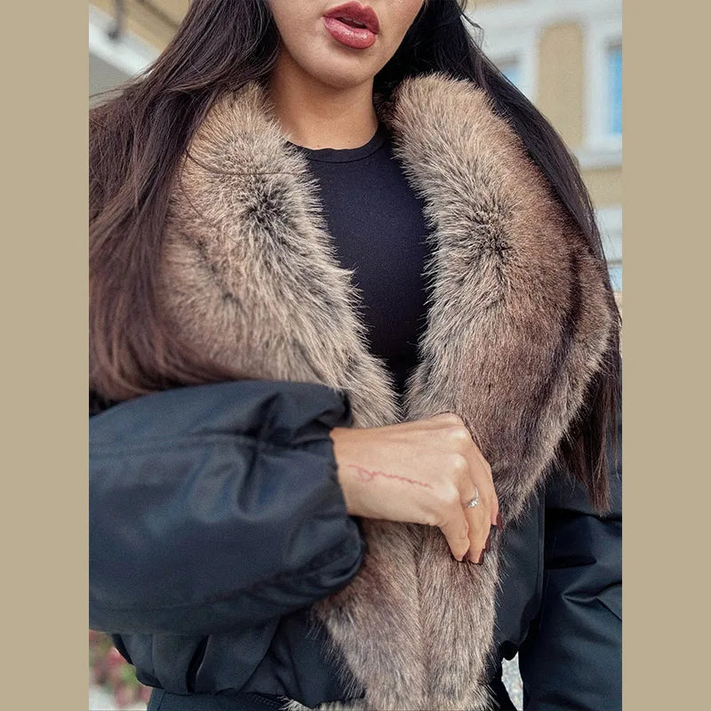 Elegant Fur Collar Hood Belt Long Cotton Jacket Women Zipper Drawstring Waist Parka Down Coat 2025 Winter Lady Warm Chic Outwear