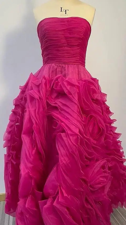 Customized Prom Dress Strapless 3D Flower Lace Up Formal Occasion Evening Gowns Ball فساتين حفلات التخرج 행사드레스 Vestido Robe De S