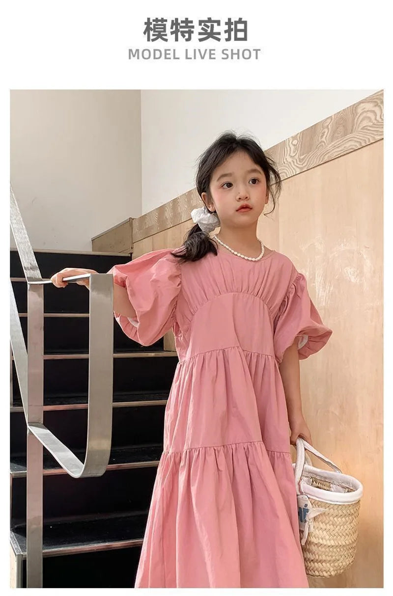 Girl Puff Sleeve Dresses 2024 Princess Cute Puffy Skirt Children Summer Birthday Gown Kids Casual Clothes Teens Fashion Vestidos