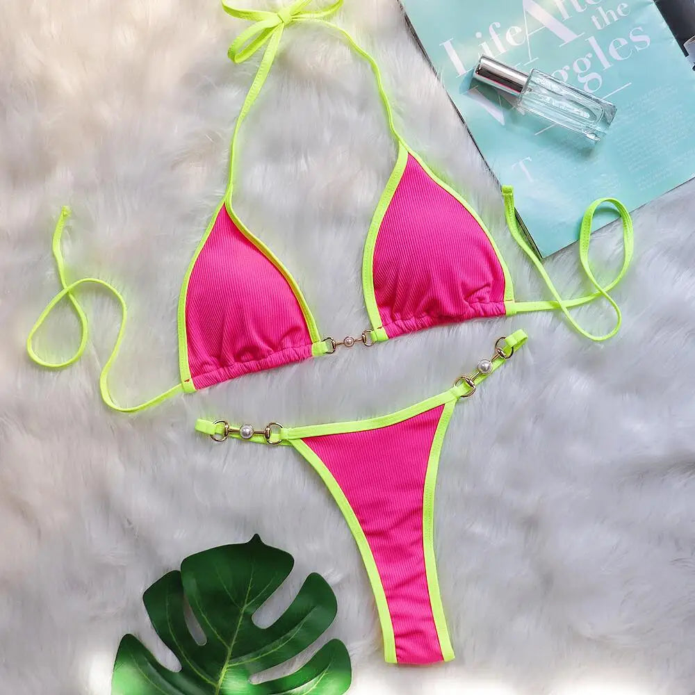Push Up Micro Bikini Luxury Ribbed Orange Patchwork Ring Pearl Designer Swimsuit Bathing Suit Triangle Swimwear Traje De Baño