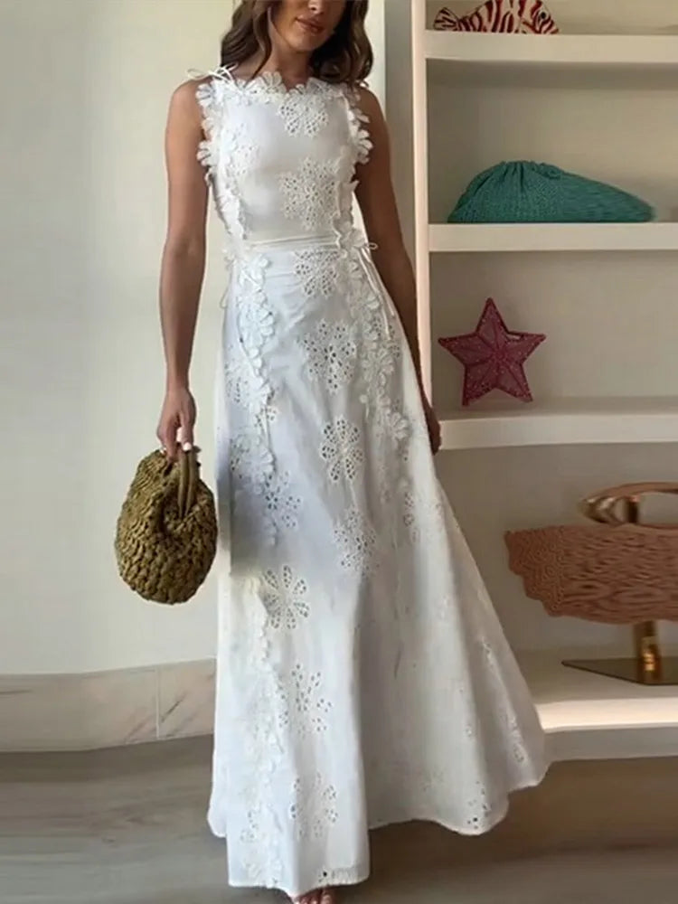 Embroidery Flower Patchwork Long Dress For Women Round Neck Sleeveless Lace Up High Waist Spliced Slim Dresses 2026 Summer New