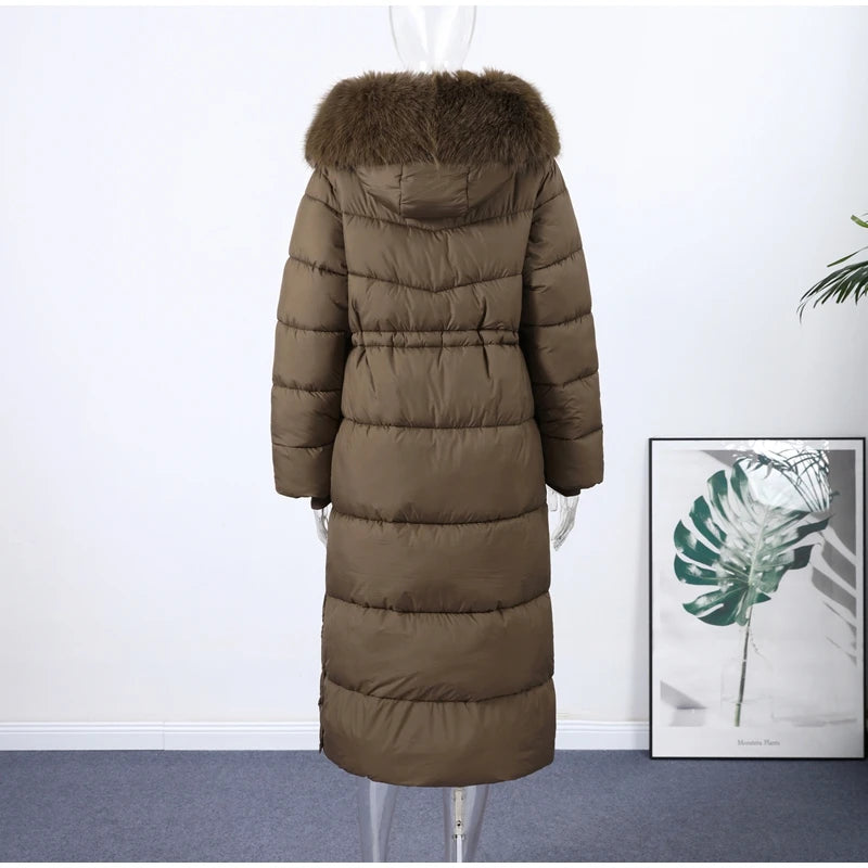 Elegant Fur Collar Hood Belt Long Cotton Jacket Women Zipper Drawstring Waist Parka Down Coat 2025 Winter Lady Warm Chic Outwear