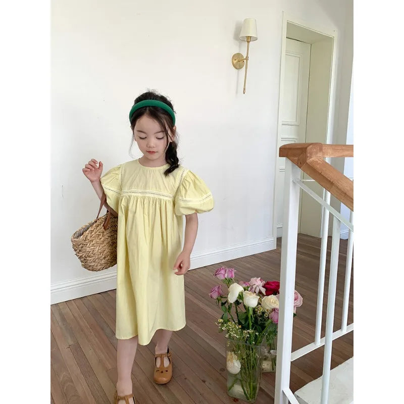 Kids Babys Girls Dress Summer New Vacation Bubble Short Sleeve Little Girls Dress French Solid Thin Belle Girls Princess Dresses