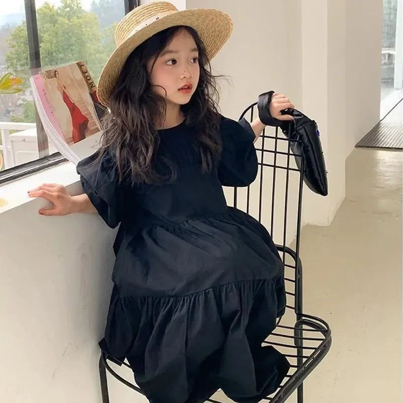 Girl Puff Sleeve Dresses 2024 Princess Cute Puffy Skirt Children Summer Birthday Gown Kids Casual Clothes Teens Fashion Vestidos