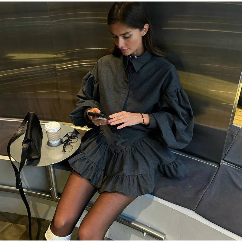 Casual Retro Plaid Women's Dresses Puff Sleeve Turndown Collar Ruffly Short Dresses Women New Fashion Vintage Loose Dress