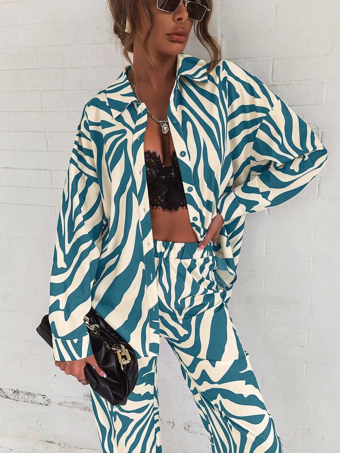 2026 Cross border Hot Edition Street Trendy Print Trouser Set Long Sleeve Full Screen Print Off Shoulder Shirt Set
