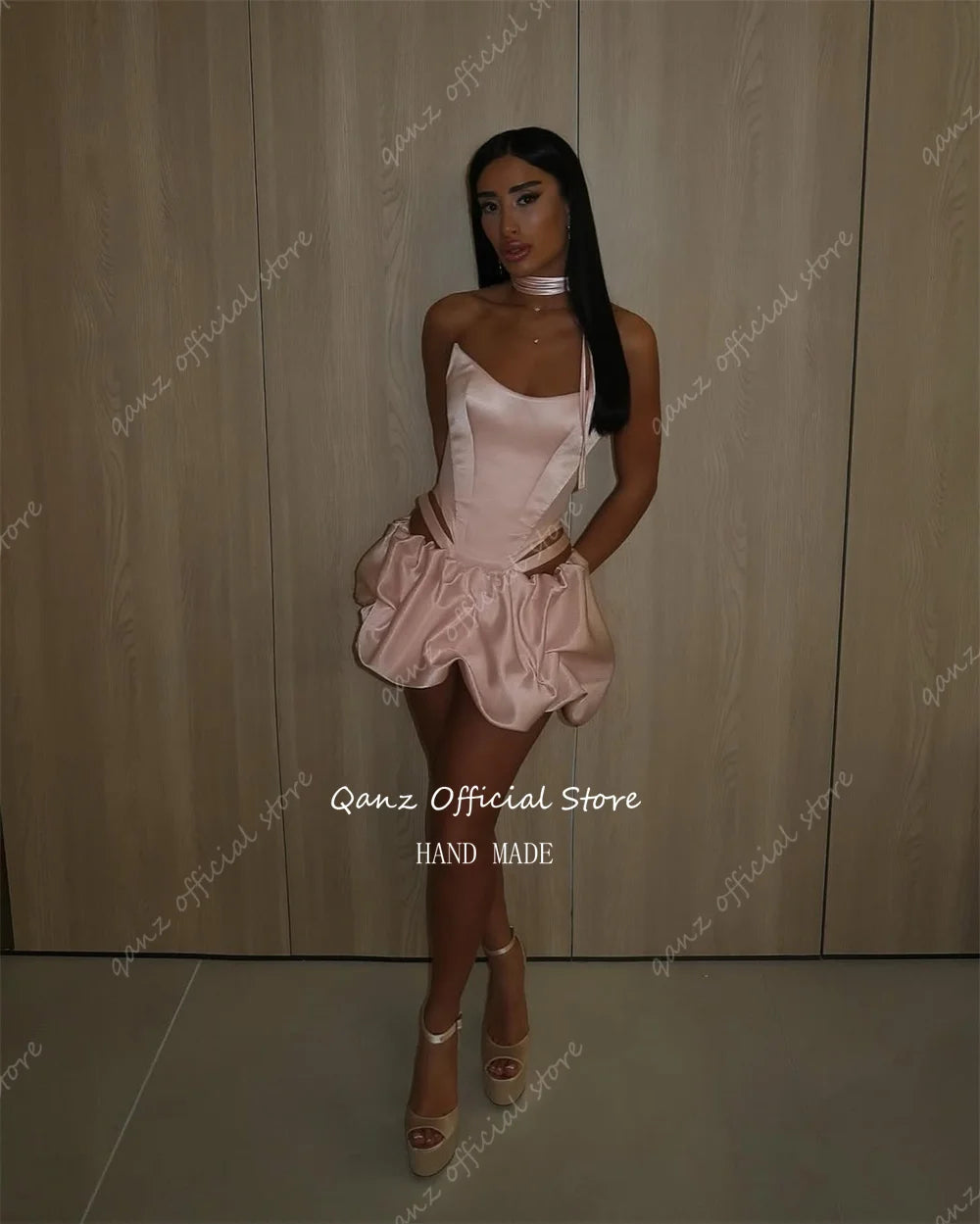 Qanz Sexy Mini Dress Party Night Club Pink Satin Strapless Prom Dresses Corset Back Vestido De Gala Noche Mujer Customized