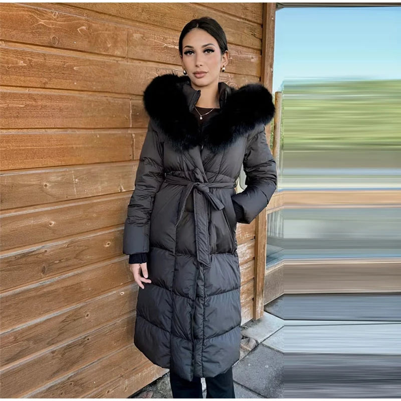 Elegant Fur Collar Hood Belt Long Cotton Jacket Women Zipper Drawstring Waist Parka Down Coat 2025 Winter Lady Warm Chic Outwear