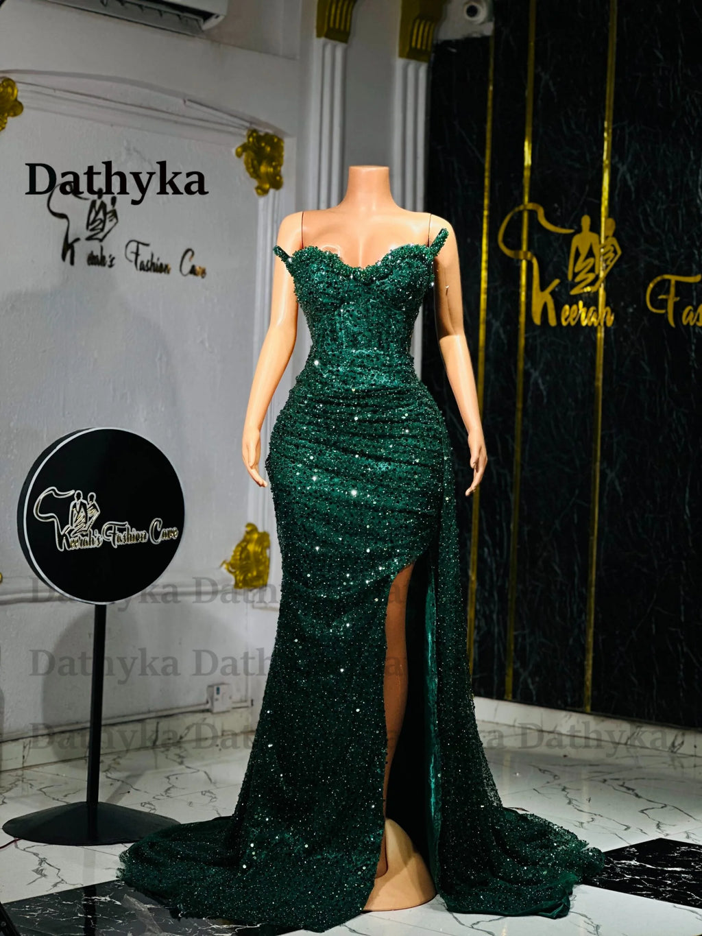 Dathyka Fashionable Crystals Prom Dresses for Women Sequin Mermaid Slit Pleat Strapless Evening Gown Vestidos De Gala Customized