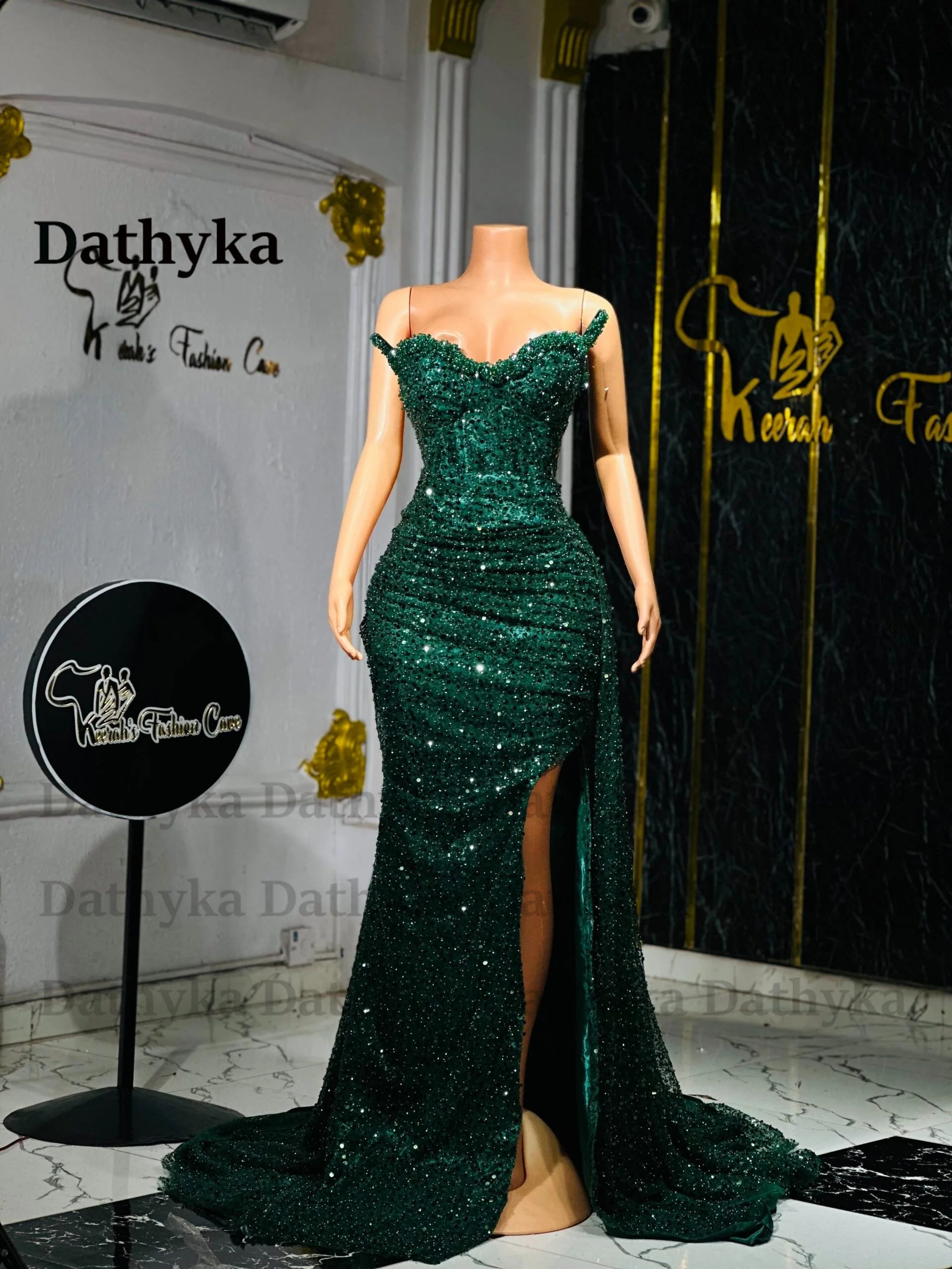 Dathyka Fashionable Crystals Prom Dresses for Women Sequin Mermaid Slit Pleat Strapless Evening Gown Vestidos De Gala Customized