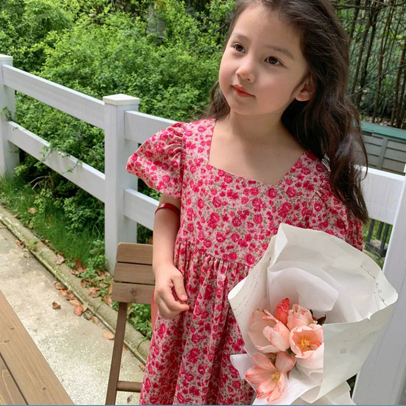 Summer Baby Girls Cotton All-Over Printed Puff Sleeves Button Back Long Dresses Kids Outfit Children Sweet Vacation Skirt 2-8 Yr