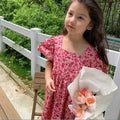Summer Baby Girls Cotton All-Over Printed Puff Sleeves Button Back Long Dresses Kids Outfit Children Sweet Vacation Skirt 2-8 Yr