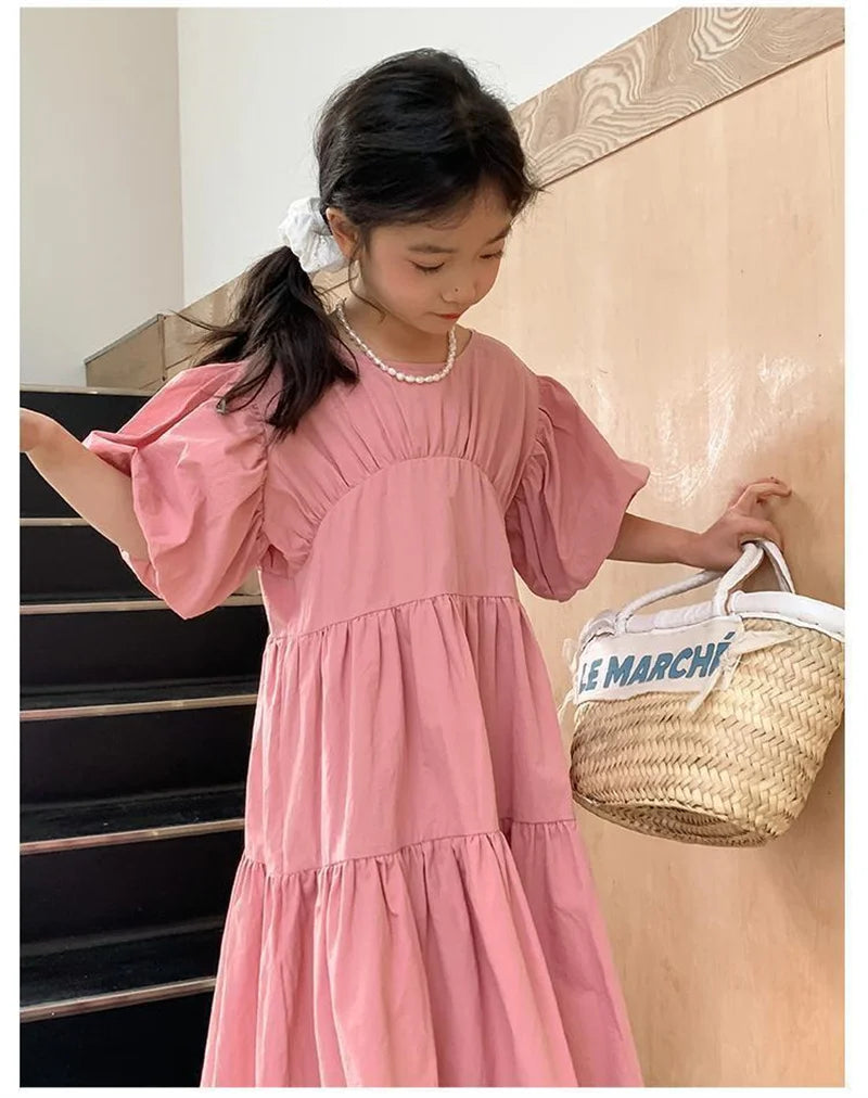 Girl Puff Sleeve Dresses 2024 Princess Cute Puffy Skirt Children Summer Birthday Gown Kids Casual Clothes Teens Fashion Vestidos