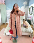 Women Red Plaid Long Trench Coat Casual Lapel Single Breasted Full Sleeve Windbreaker Jacket 2025 Autumn New Lady Streetwear