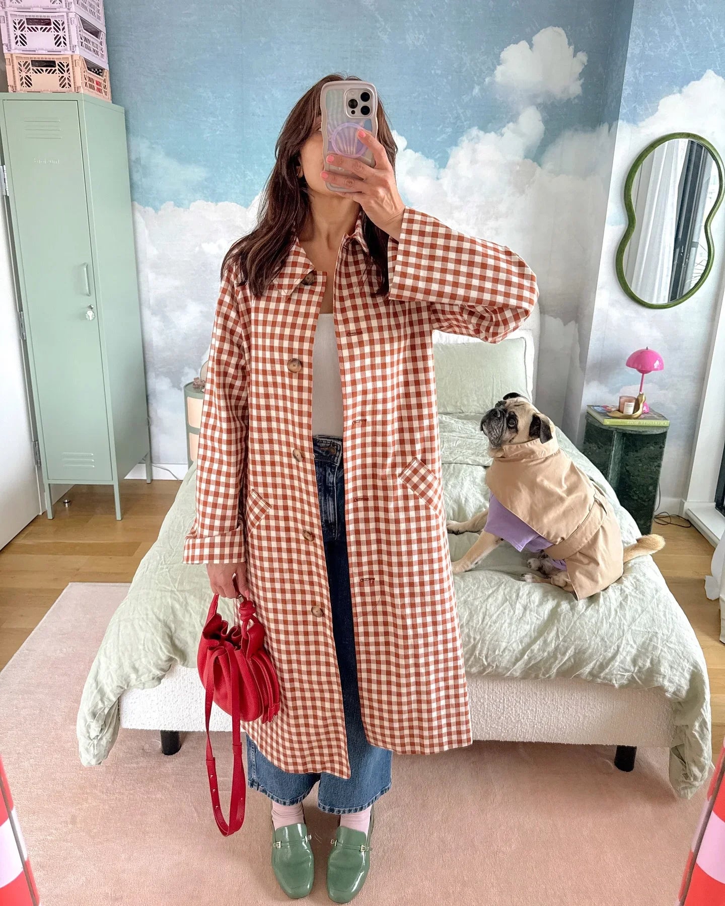 Women Red Plaid Long Trench Coat Casual Lapel Single Breasted Full Sleeve Windbreaker Jacket 2025 Autumn New Lady Streetwear