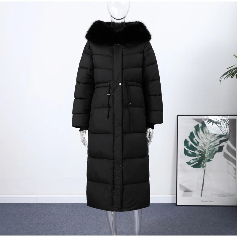 Elegant Fur Collar Hood Belt Long Cotton Jacket Women Zipper Drawstring Waist Parka Down Coat 2025 Winter Lady Warm Chic Outwear