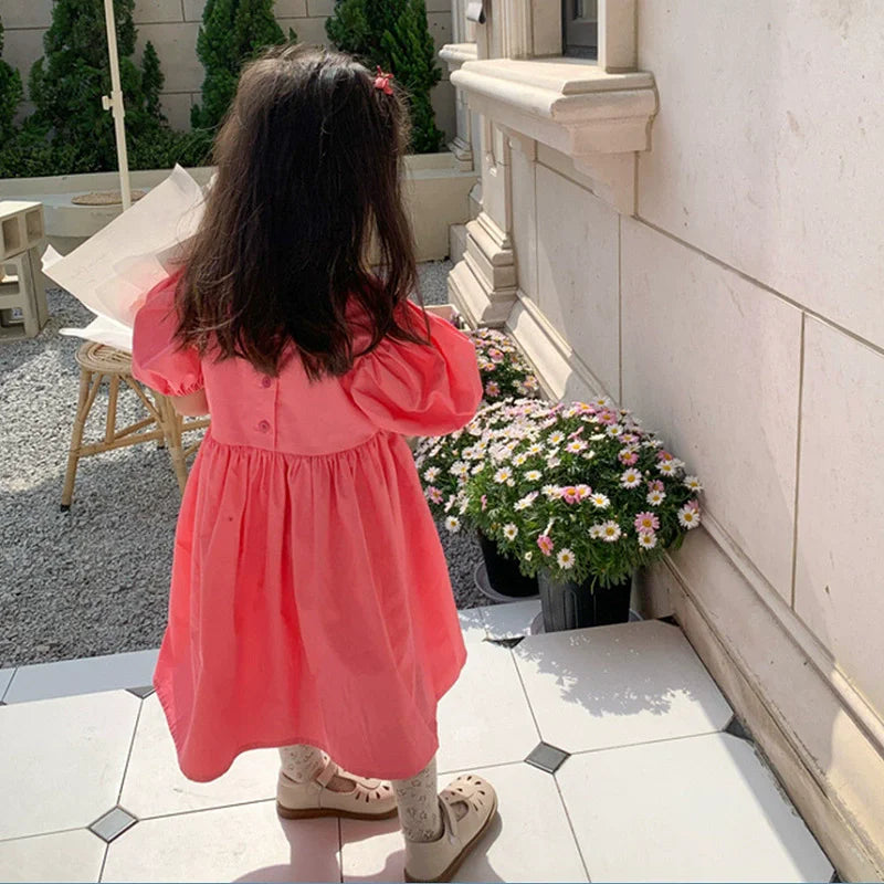 Summer Baby Girls Cotton All-Over Printed Puff Sleeves Button Back Long Dresses Kids Outfit Children Sweet Vacation Skirt 2-8 Yr