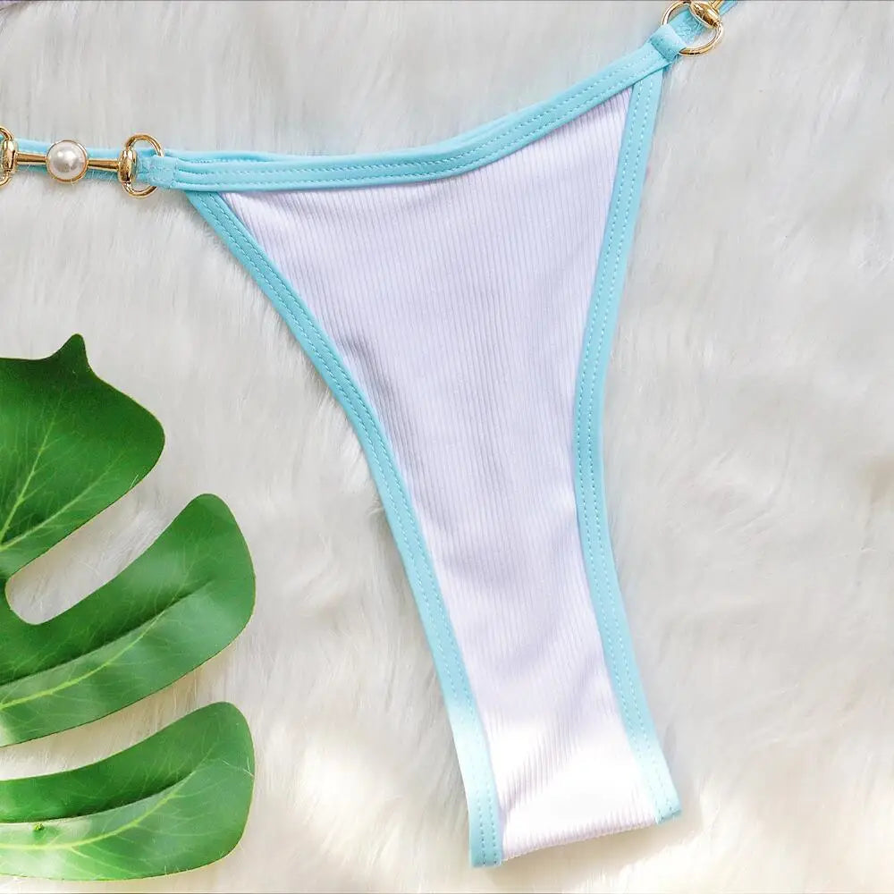 Push Up Micro Bikini Luxury Ribbed Orange Patchwork Ring Pearl Designer Swimsuit Bathing Suit Triangle Swimwear Traje De Baño